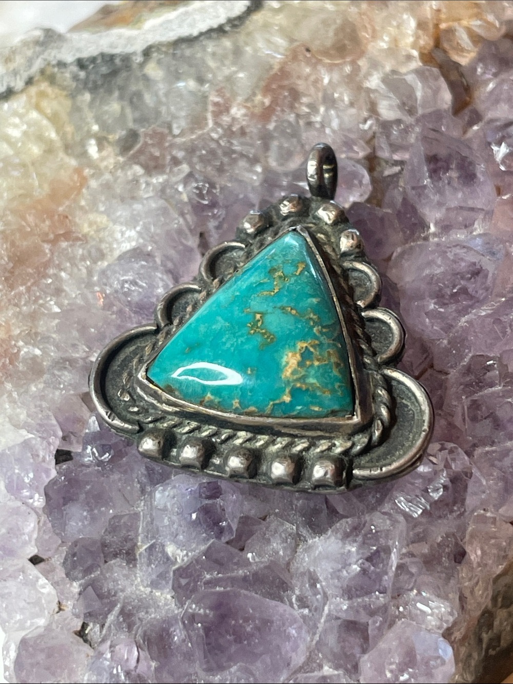 Vintage Navajo Triangular Sterling Silver Turquoise Stone Pendant